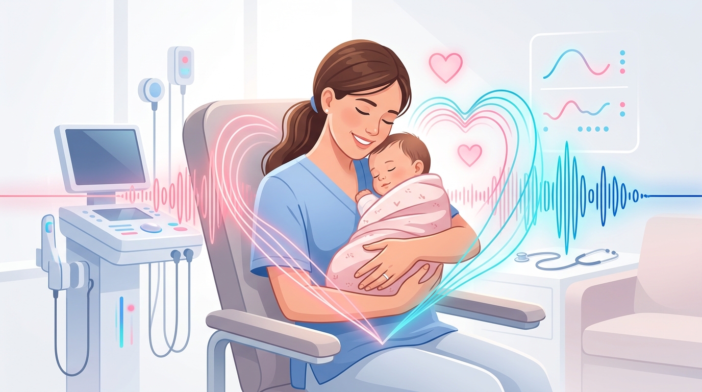 Mother comforting baby with pediatric acoustic heart waves